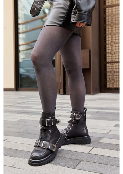 Baressa Siyah Hakiki Deri Metal Aksesuarlı Kadın Bot modelleri