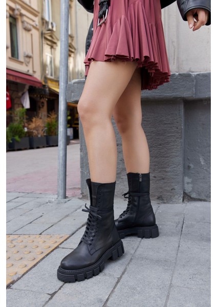 Dina Siyah Hakiki Deri Kalın Tabanlı Kadın Postal modelleri