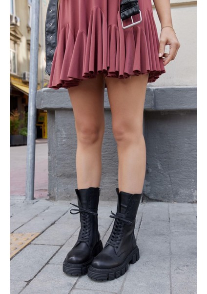 Dina Siyah Hakiki Deri Kalın Tabanlı Kadın Postal indirimleri