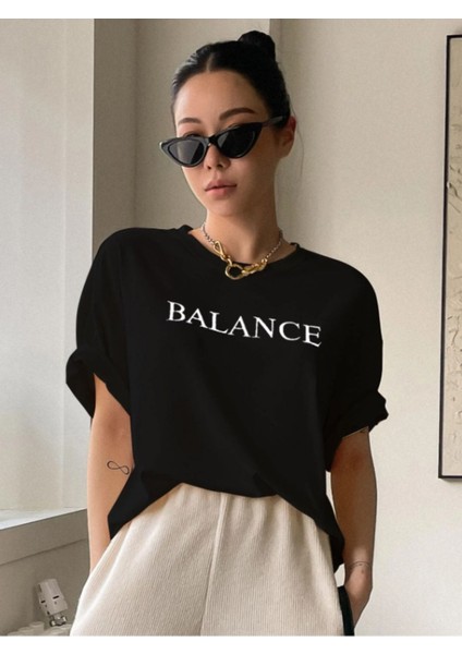 %100 Pamuk Balance Baskılı Siyah Unisex Balance Bisiklet Yaka T-Shirt, Penye S-M-L-Xl