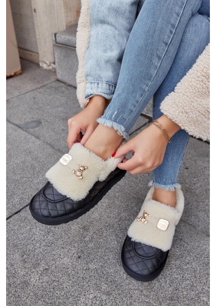 Winter Teddy Siyah Hakiki Deri Yünlü Kadın Bot