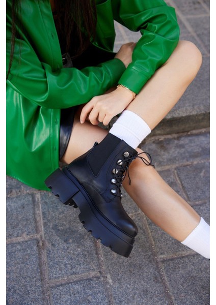 Brenda Siyah Hakiki Deri Kalın Tabanlı Kadın Bot modelleri