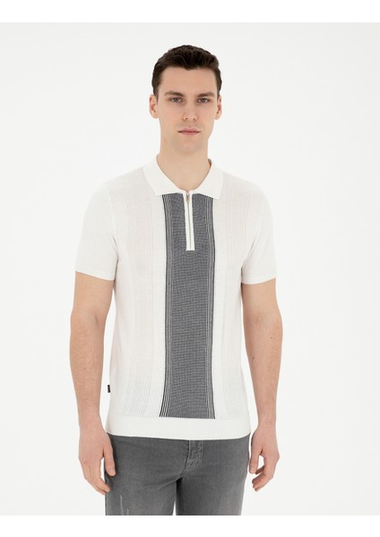 Erkek Beyaz Slim Fit Fermuarlı Polo Yaka Triko Tişört 50288150-VR013