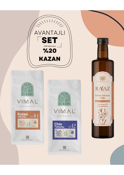 Keten Tohumu Yağı 250 ml + Chia Tohumu 500 gr + Keten Tohumu 500 gr Avantajlı 3'lü Set