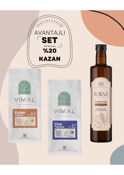 Susam Yağı 250 ml + Chia Tohumu 500 gr + Keten Tohumu 500 gr Avantajlı 3'lü Set