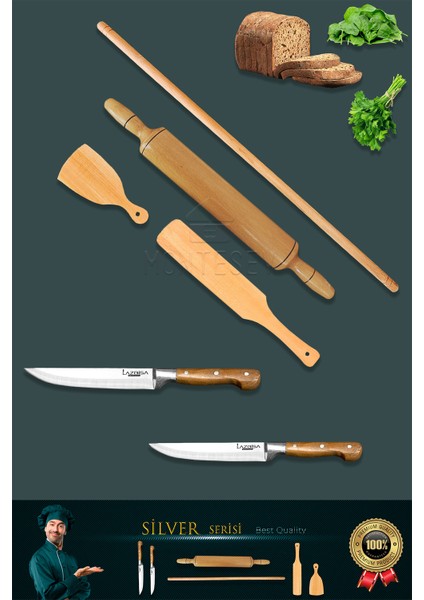 Silver Serisi Ahşap Hamur Açma Oklavası Merdanesi Lazbisa Mutfak Bıçak Börek Seti 6 Lı Slvset3