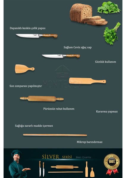 Silver Serisi Ahşap Hamur Açma Oklavası Merdanesi Lazbisa Mutfak Bıçak Börek Seti 6 Lı Slvset3 indirimleri