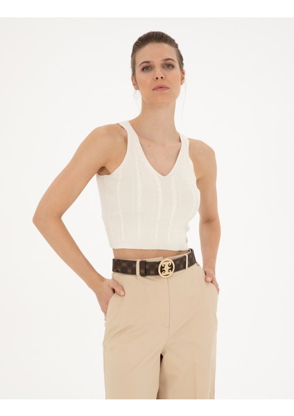 Kadın Beyaz Crop Top Triko Bluz 50284237-VR013