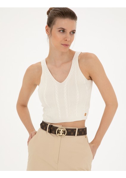 Kadın Beyaz Crop Top Triko Bluz 50284237-VR013