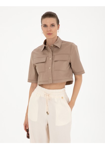 Kadın Bej Crop Top Kısa Kollu Gömlek 50284674-VR011