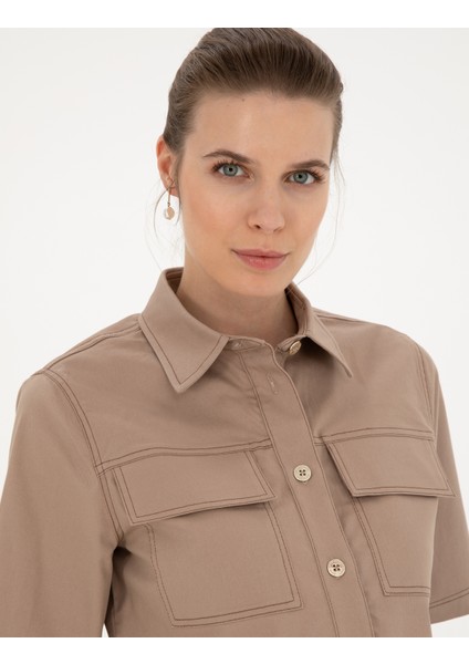 Kadın Bej Crop Top Kısa Kollu Gömlek 50284674-VR011