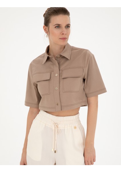 Kadın Bej Crop Top Kısa Kollu Gömlek 50284674-VR011