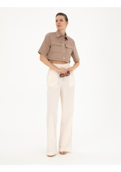 Kadın Bej Crop Top Kısa Kollu Gömlek 50284674-VR011