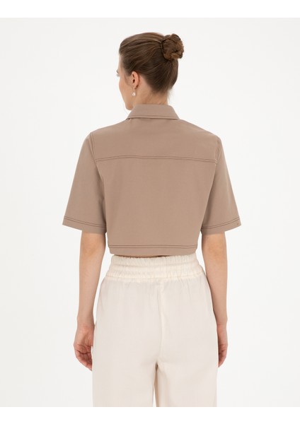 Kadın Bej Crop Top Kısa Kollu Gömlek 50284674-VR011
