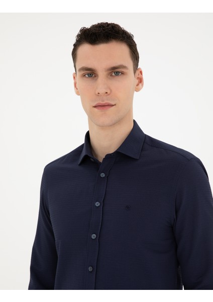 Erkek Lacivert Slim Fit Armürlü Uzun Kollu Gömlek 50289416-VR033 fiyatları