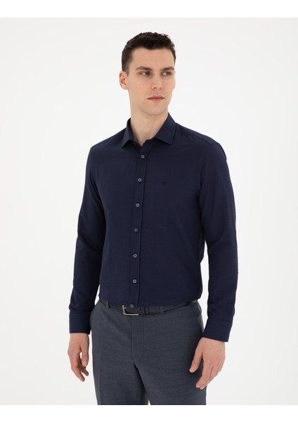 Erkek Lacivert Slim Fit Armürlü Uzun Kollu Gömlek 50289416-VR033 modelleri