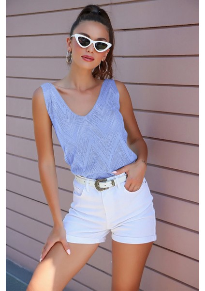 Kadın Ön Arka V Yaka Kolsuz Askılı Sim Detaylı Pudra Bluz