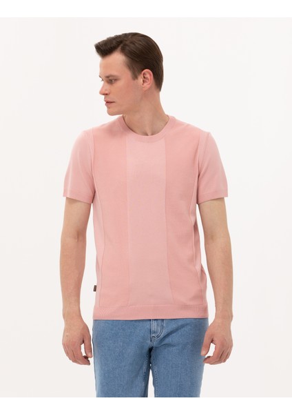 Erkek Pembe Slim Fit Bisiklet Yaka Triko Tişört 50268283-VR026