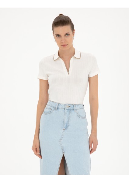 Kadın Ekru Slim Fit Triko Tişört 50288292-VR019
