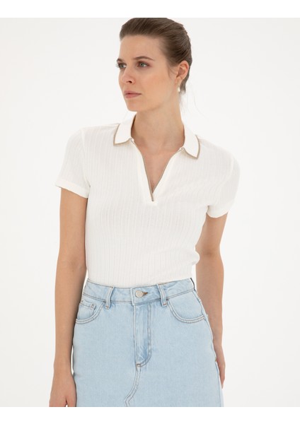Kadın Ekru Slim Fit Triko Tişört 50288292-VR019