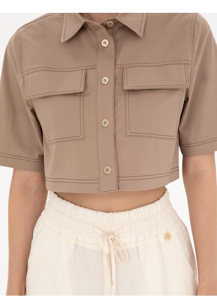 Kadın Bej Crop Top Kısa Kollu Gömlek 50284674-VR011