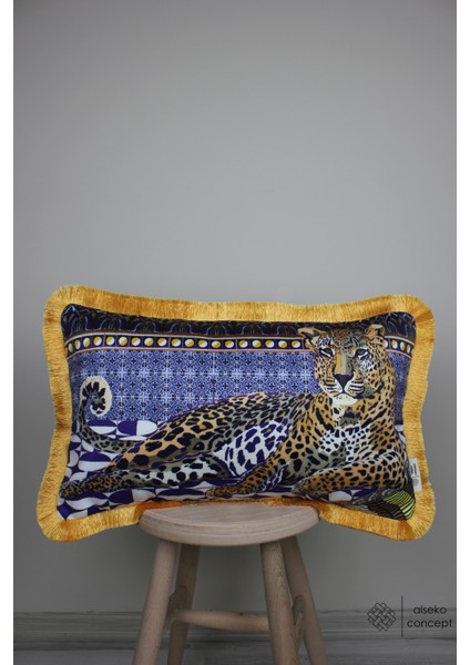 Sarı Püsküllü, Leopar Desen, Dekoratif 30X50CM Dikdörtgen Kırlent Kılıfı