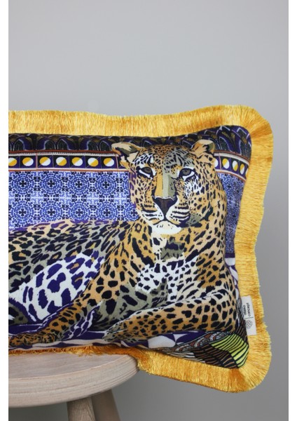 Sarı Püsküllü, Leopar Desen, Dekoratif 30X50CM Dikdörtgen Kırlent Kılıfı