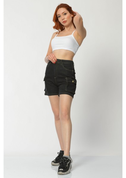 Kargo Cepli Denim Kadın Şort - Siyah Siyah - 28