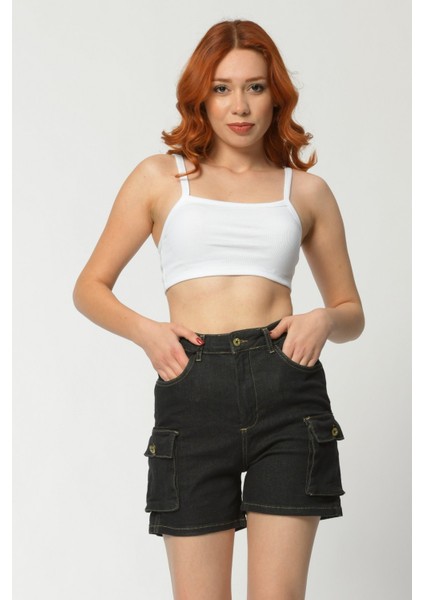 Kargo Cepli Denim Kadın Şort - Siyah Siyah - 28 fiyatları