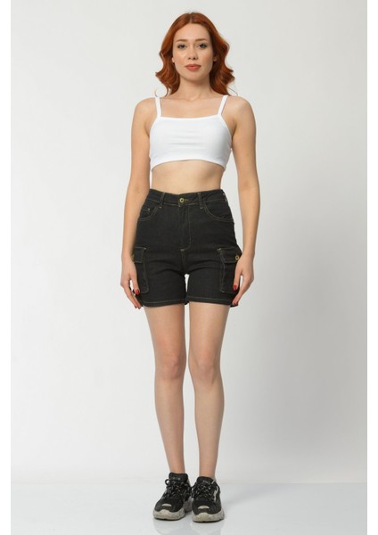 Kargo Cepli Denim Kadın Şort - Siyah Siyah - 28 modelleri