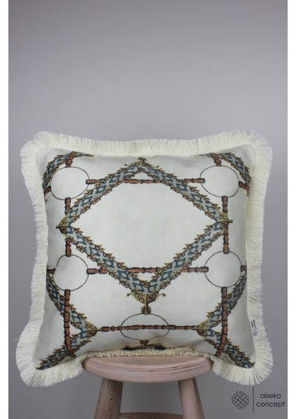 Krem Püsküllü, Ahşap Bağ Desen, Dekoratif 43X43CM Kare Kırlent Kılıfı