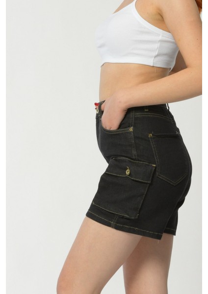 Kargo Cepli Denim Kadın Şort - Siyah Siyah - 30 fırsatları