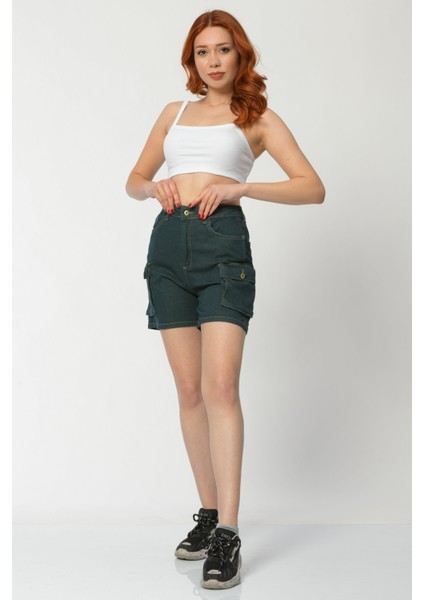 Kargo Cepli Denim Kadın Şort - Yeşil Yeşil - 26
