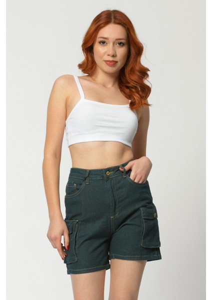 Kargo Cepli Denim Kadın Şort - Yeşil Yeşil - 26 fiyatları