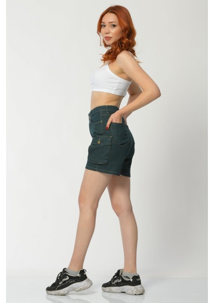Kargo Cepli Denim Kadın Şort - Yeşil Yeşil - 26 indirimleri
