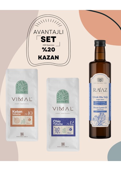 Çörekotu Yağı 250 ml + Chia Tohumu 500 gr + Keten Tohumu 500 gr Avantajlı 3'lü Set