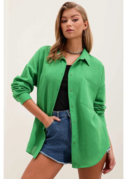 Kadın Yeşil Tek Cepli Oversize Keten Ayrobin Gömlek HZL24S-BD1201531