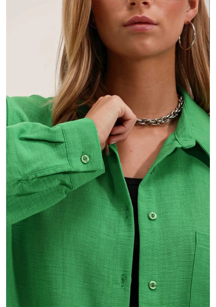 Kadın Yeşil Tek Cepli Oversize Keten Ayrobin Gömlek HZL24S-BD1201531