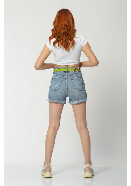 Yırtık Detaylı Denim Kadın Şort - Mavi Mavi - 26 indirimleri