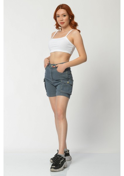 Kargo Cepli Denim Kadın Şort - Gri Gri - 28