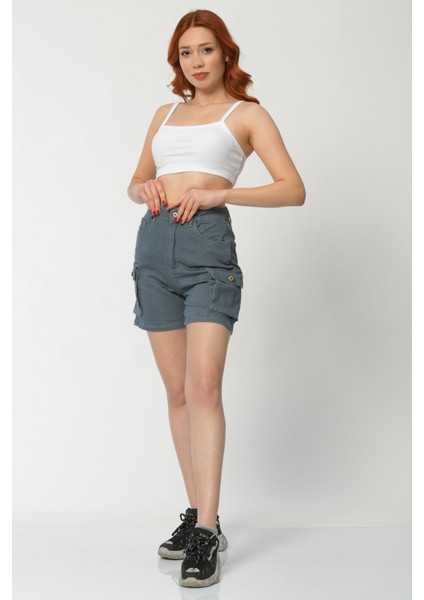 Kargo Cepli Denim Kadın Şort - Gri Gri - 28 modelleri