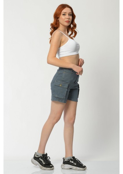 Kargo Cepli Denim Kadın Şort - Gri Gri - 28 indirimleri