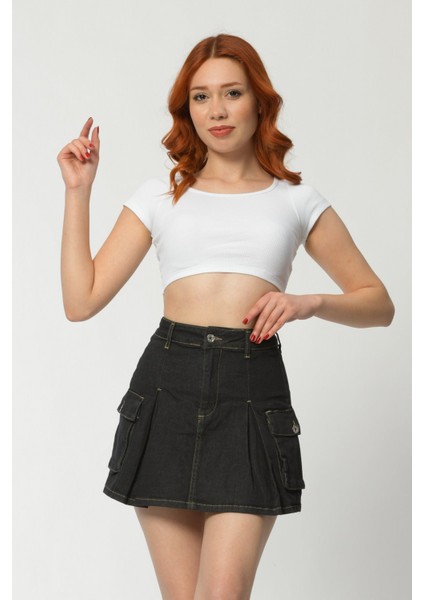Kargo Cepli Denim Mini Etek - Antrasit Antrasit - 26