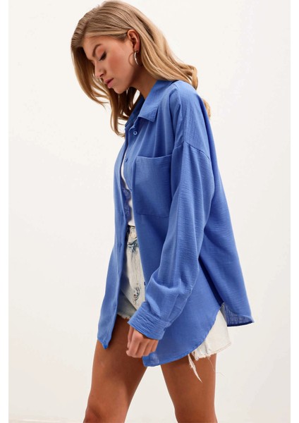 Kadın Mavi Tek Cepli Oversize Keten Ayrobin Gömlek HZL24S-BD1201531 modelleri