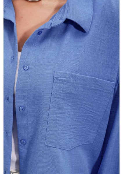 Kadın Mavi Tek Cepli Oversize Keten Ayrobin Gömlek HZL24S-BD1201531 fırsatları