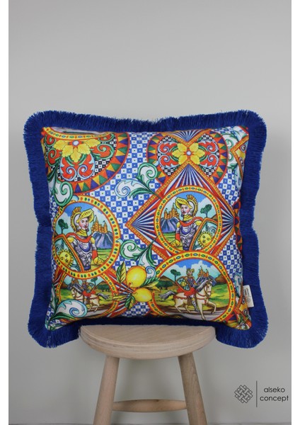 Saks Püsküllü, Asker Dg Desen, Dekoratif 43X43CM Kare Kırlent Kılıfı
