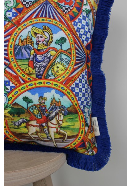 Saks Püsküllü, Asker Dg Desen, Dekoratif 43X43CM Kare Kırlent Kılıfı