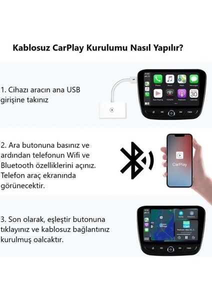 Araç Içi Apple Cihazlar Ile Uyumlu Kablosuz Carplay Adaptörü Wireless Carplay Çevirici Siyah