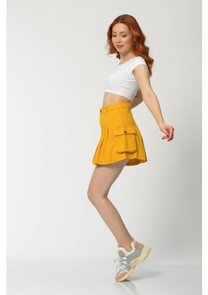 Kargo Cepli Denim Mini Etek - Hardal Hardal - 26 modelleri