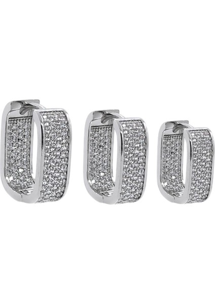 Gömme Zirkon Taşlı Kare Dizayn Sıralı Boy Vıp 3'lü Halka Küpe Seti